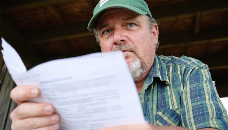 Farmer reviewing financial papers with a worried expression