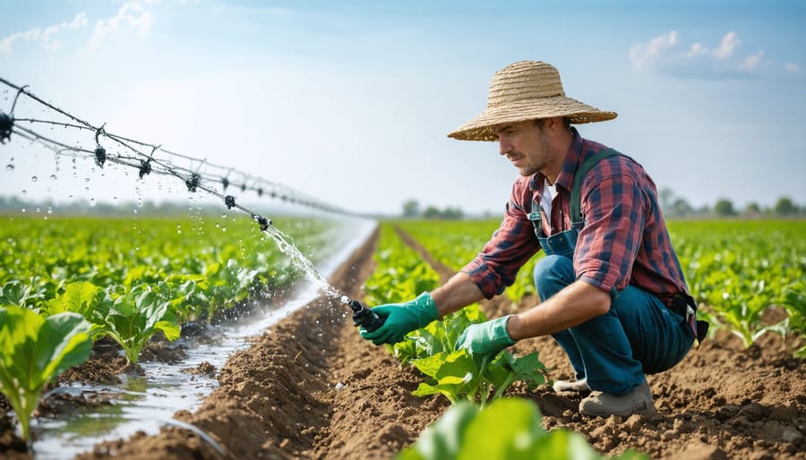 Farmer checking a water-efficient drip irrigation setup in a crop field