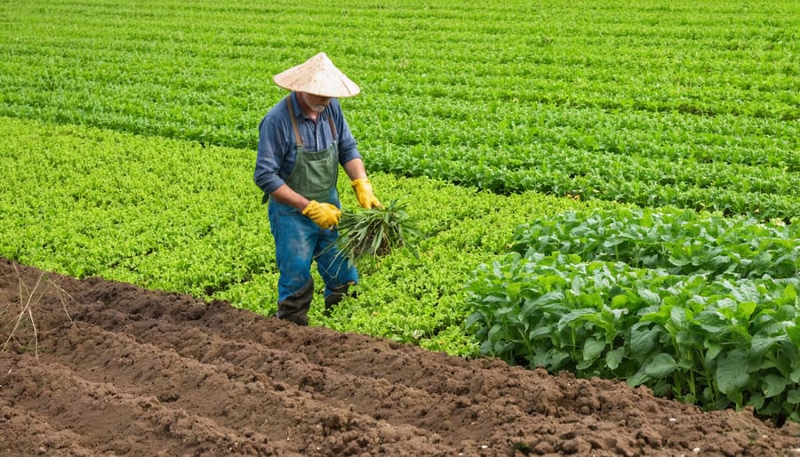 Farmer examining rich, healthy soil and diverse cover crops in a field