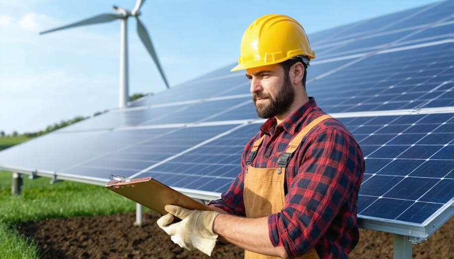 Farmer standing next to a renewable energy installation on a farm