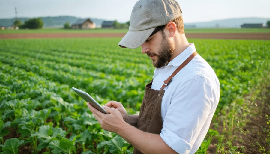 Farmer referencing agriculture worksheets on a tablet device while in the field