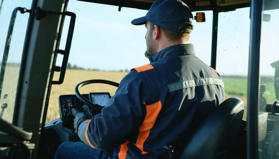 A farmer utilizing precision agriculture tools while operating a tractor