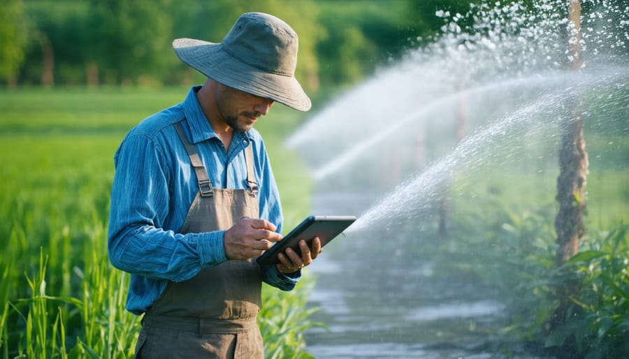 Farmer using technology to manage a solar-powered irrigation system