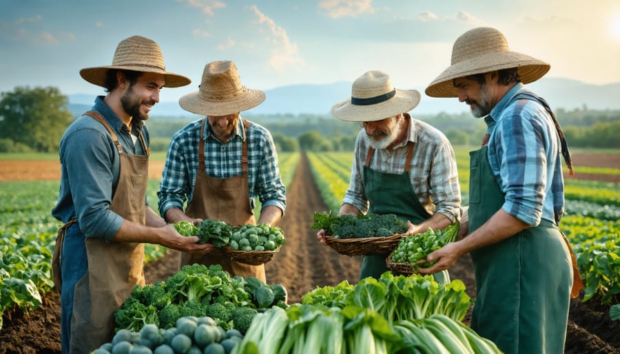 Farmers collaborating and sharing knowledge in an organic farming setting