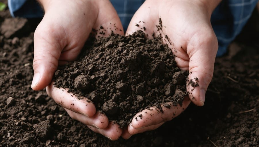 Hands cupping a mound of fertile, dark soil with bits of organic material