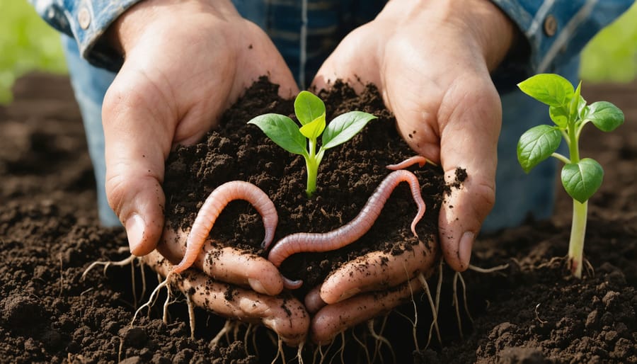 Farmer's hands holding fertile soil with earthworms and plant roots, indicating soil health