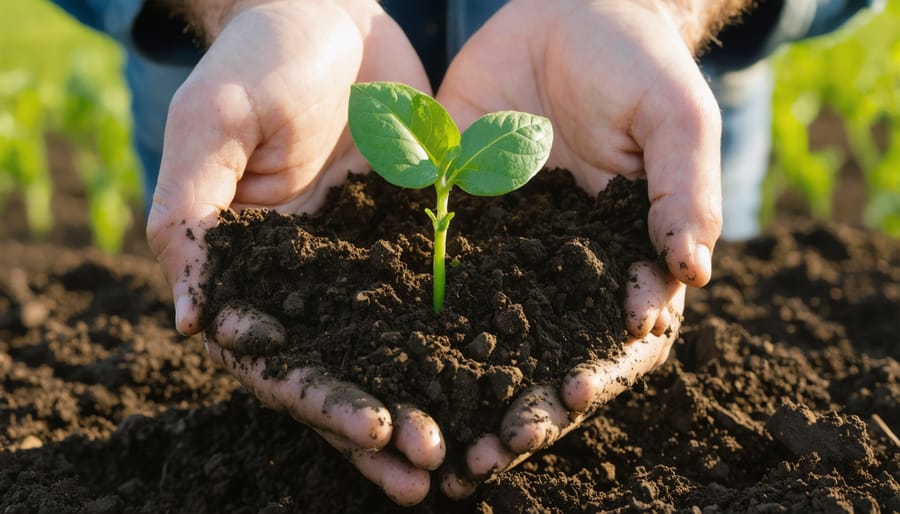 Farmer's hands holding healthy soil with organic matter