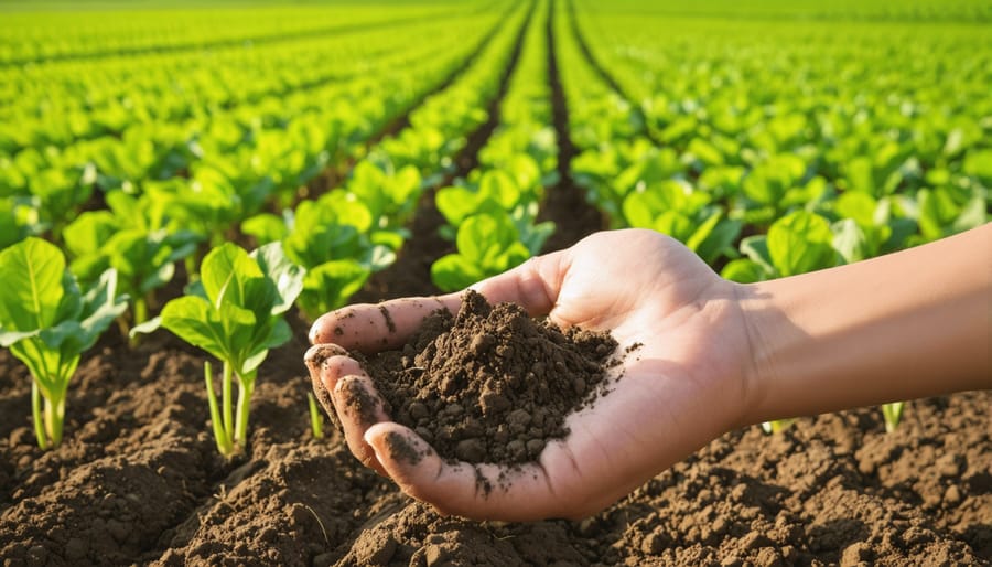 Farmer holding healthy soil in a field with thriving crops