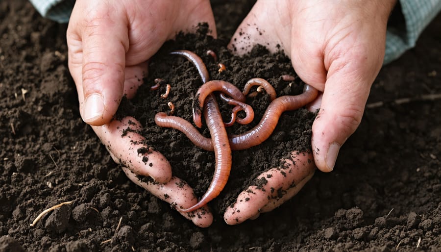 Farmer's hands holding rich, healthy soil with earthworms