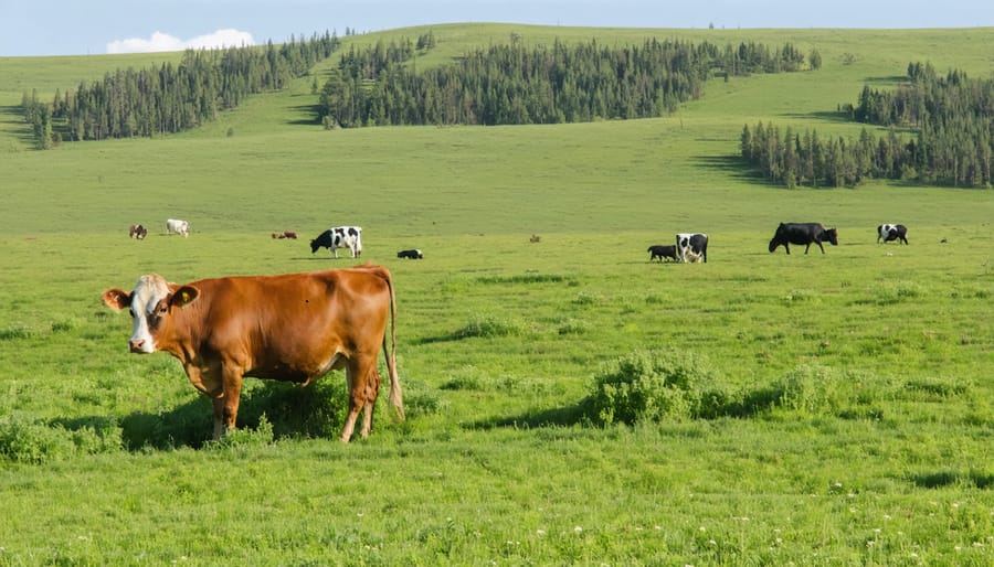 Cattle grazing in a well-managed pasture on an Alberta ranch practicing regenerative agriculture