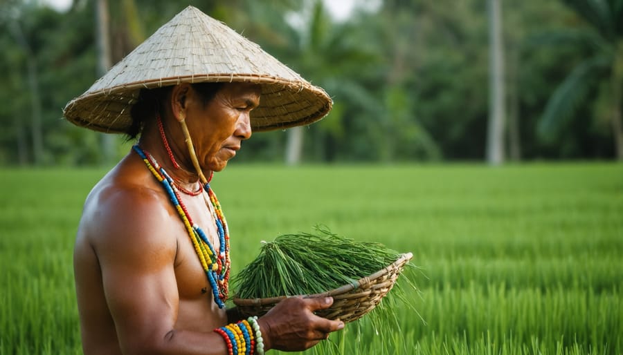 Indigenous farmer inspecting a thriving crop field cultivated with traditional agricultural practices