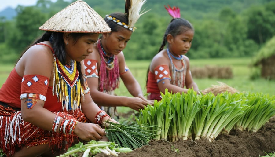 Group of indigenous youth engaged in hands-on learning of traditional agricultural methods guided by community elders