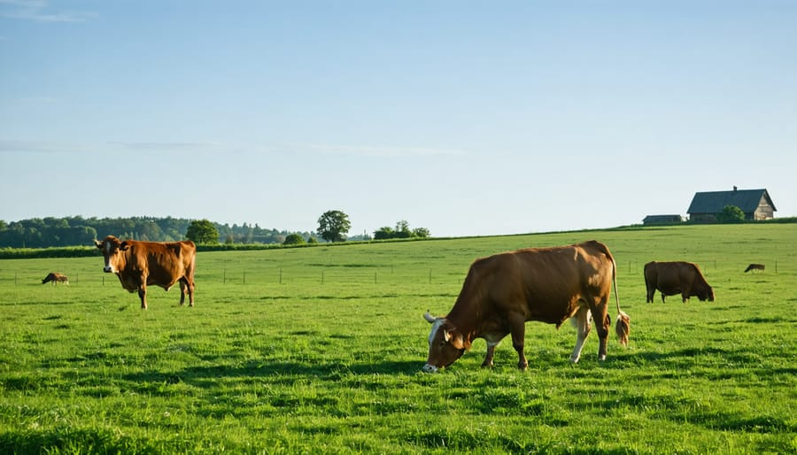 Herd of cattle grazing on healthy pasture land with a farm in the distance