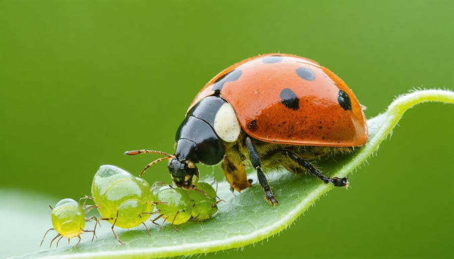 Beneficial ladybug predator consuming pest aphids