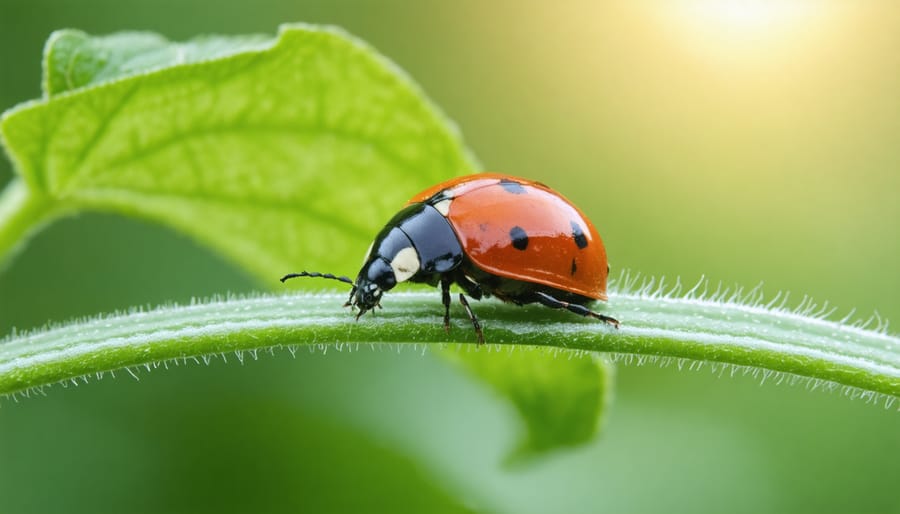 Ladybug on a plant leaf, symbolizing the presence of beneficial insects in organic farming