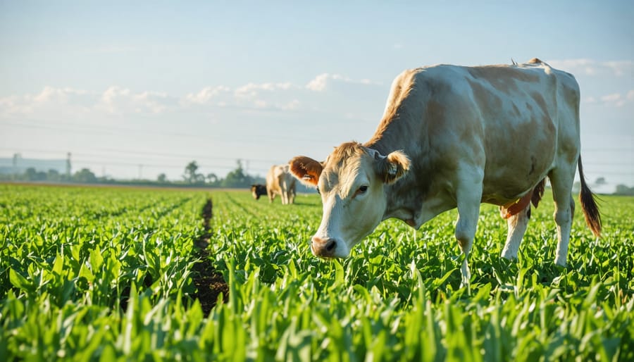 Cattle grazing in a pasture integrated with crop production