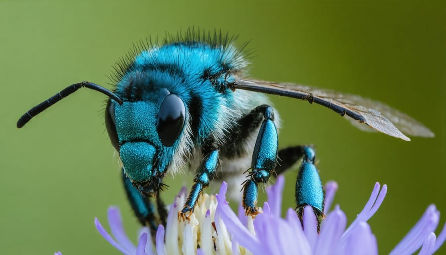 Mason bee pollinating a flower in an orchard or garden setting