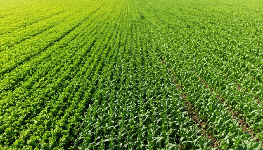 Healthy crops growing in a no-till field with intact crop residue