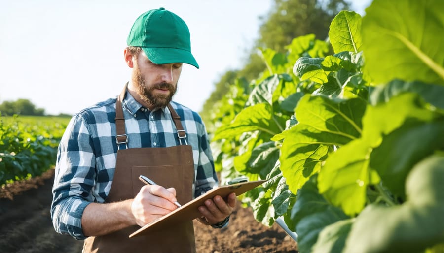 Organic farm inspector evaluating crop health and documenting findings