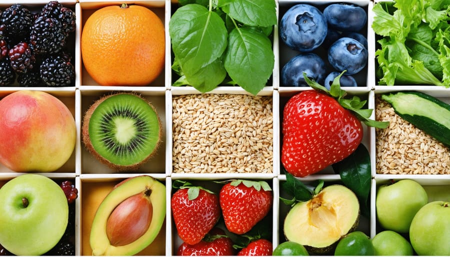 Assortment of colorful organic produce and whole grains