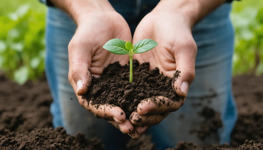 Farmer's hands cradling fertile soil and a growing seedling