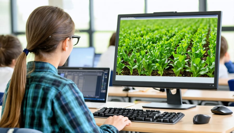 Agriculture students studying precision farming technology in a classroom setting