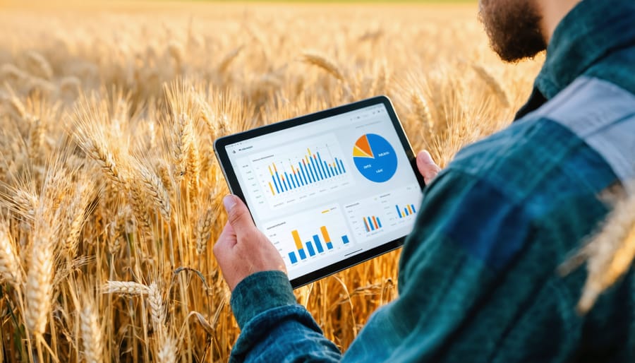 Technician analyzing crop data on a tablet in a wheat field