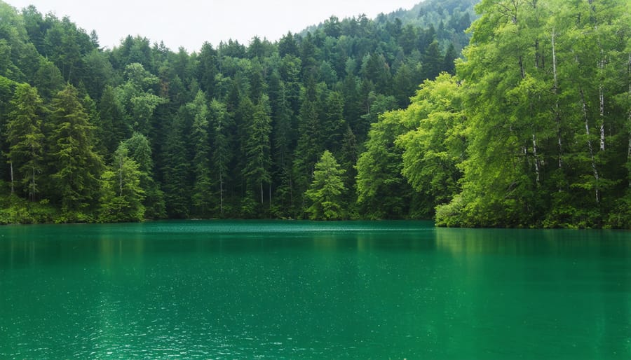 Clear lake water with trees reflecting on the calm surface, exemplifying a safeguarded source watershed