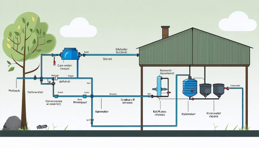 Schematic representation of a rainwater harvesting system setup on a farm building roof