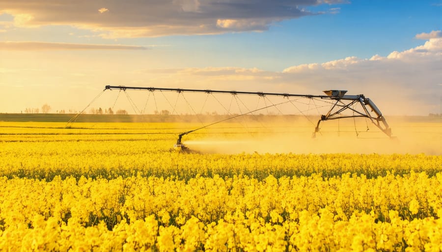 Pivot irrigation system spraying water over a golden canola field with sun setting in background