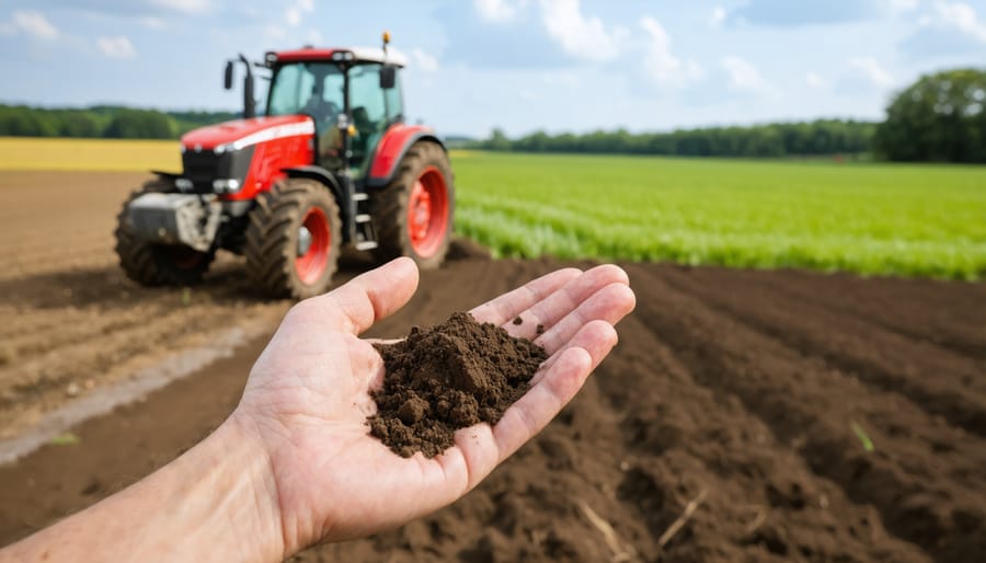 A farmer's hand holding a soil sample from a field