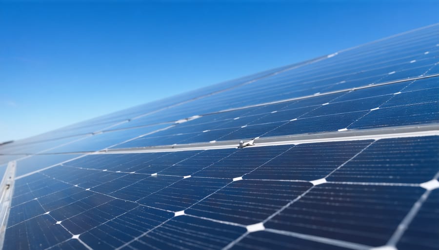 Close-up of a solar panel against a clear blue sky