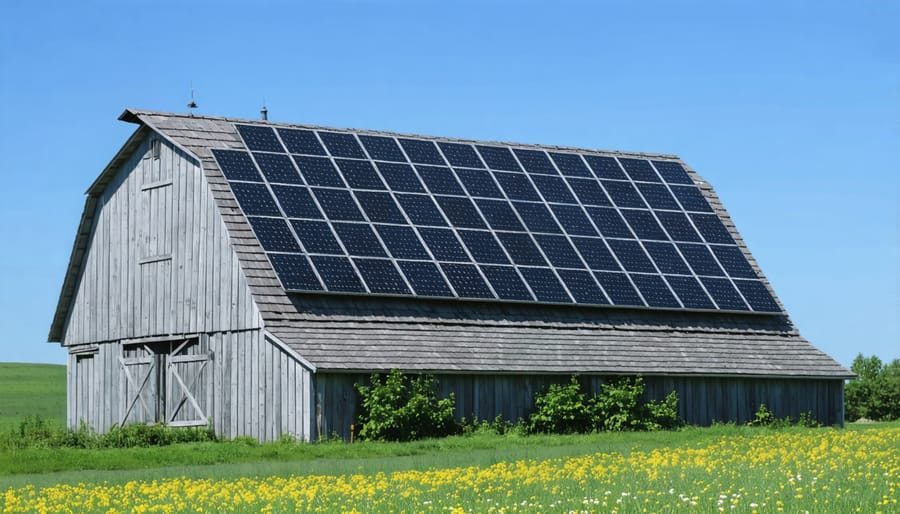 Rooftop solar panel array on a farm building for renewable energy generation