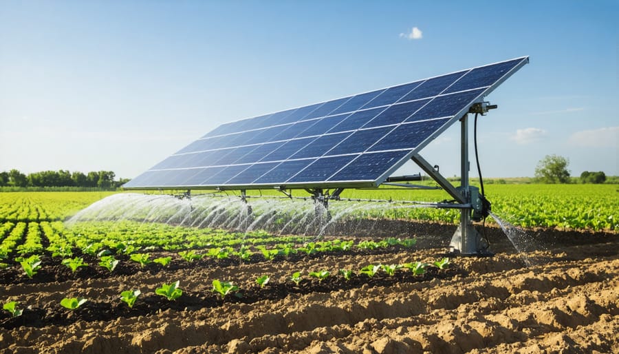 Solar panels powering an irrigation system in a farm field