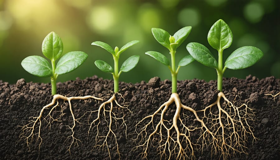 Healthy plants with strong roots growing in vegan organic soil