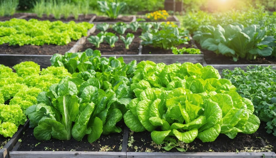 Healthy vegetable plants grown in nutrient-rich composted soil