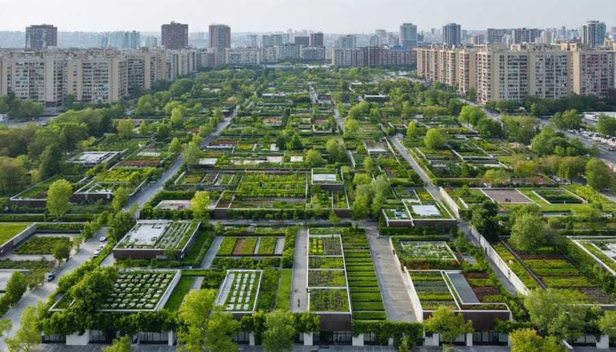 Sustainable urban landscape featuring green roofs, gardens, and trees