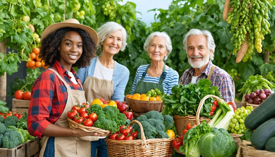 Community members collaborating in an urban food forest, harvesting produce