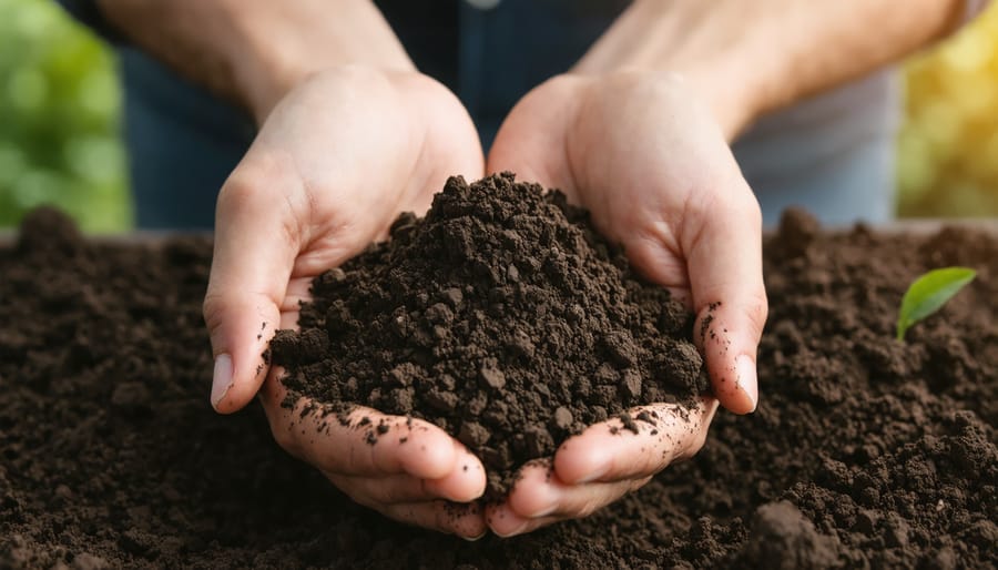 Hands holding a handful of nutrient-rich vegan organic soil