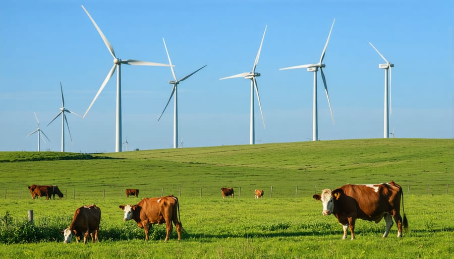 Wind energy being used on a farm with livestock