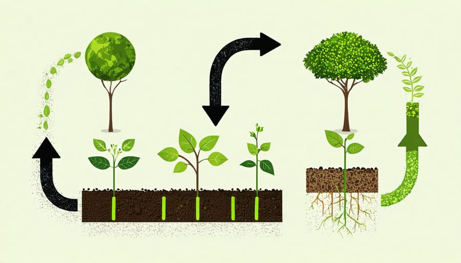 Diagram illustrating how carbon cycles through agricultural systems, including plant uptake and soil storage