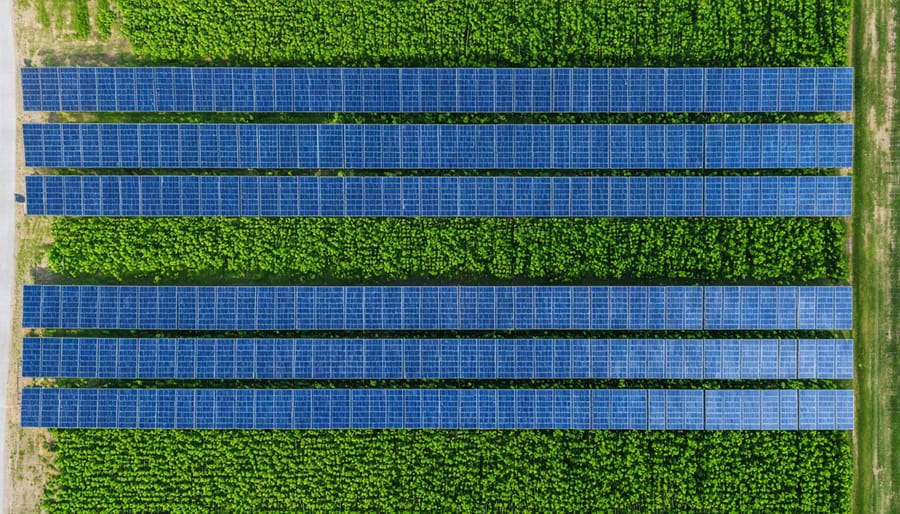 Drone photograph of solar panels installed above agricultural crops in an Alberta farm setting