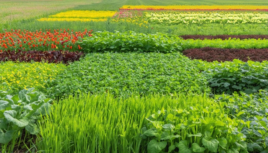 Lush field of mixed cover crops including clover, rye, and flowering plants in full bloom