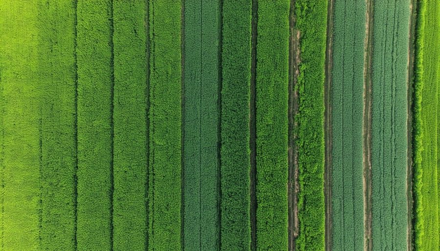 Bird's eye view of Canadian prairie farms with circular and rectangular fields showing different stages of crop rotation