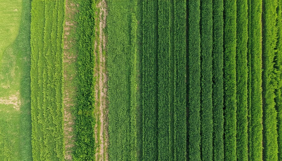 Bird's eye view of agricultural fields showing different crops in rotation patterns