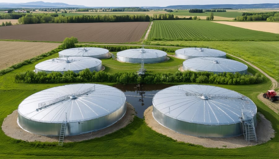 Bird's eye view of a farm with integrated rainwater harvesting infrastructure in Alberta