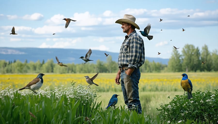 Smiling organic farmer in field surrounded by native birds and beneficial insects