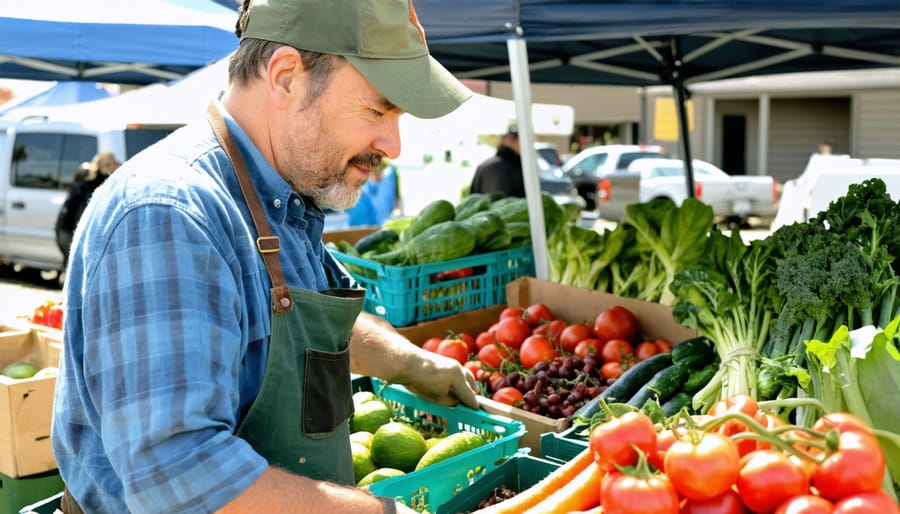 Organic farmer interacting with customers at a bustling local farmers market