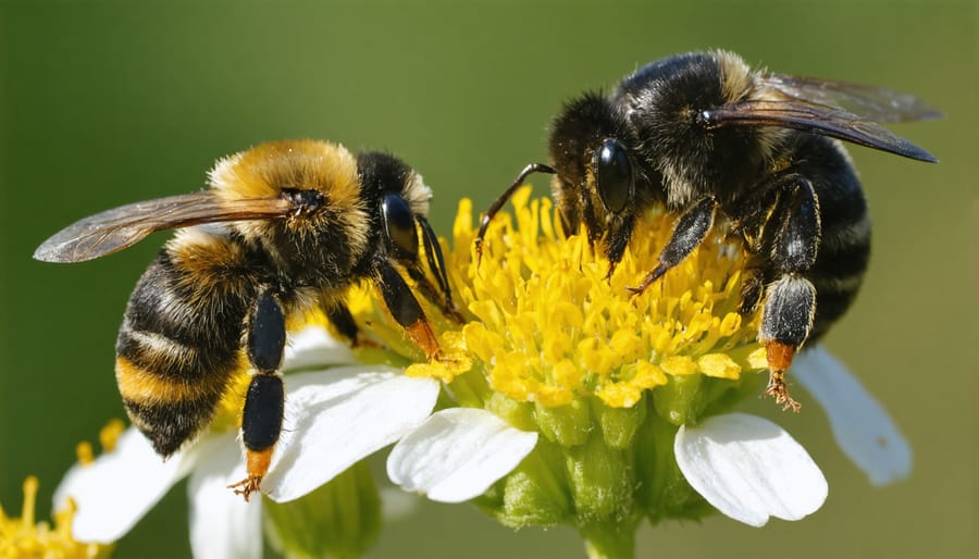 Native Alberta bees, including bumblebees and mason bees, gathering pollen from purple coneflowers