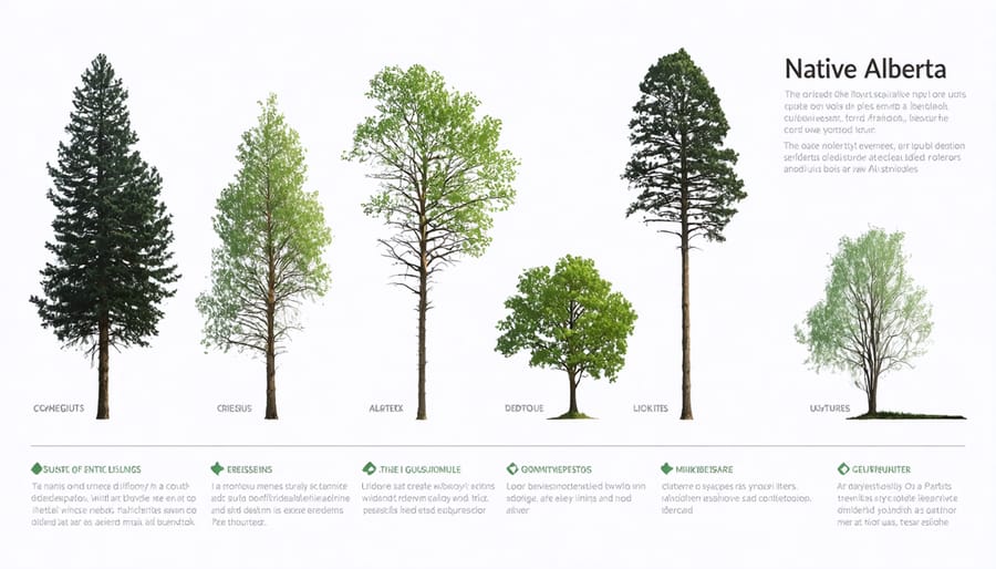 Infographic of Alberta native trees with icons showing associated wildlife species and ecological benefits